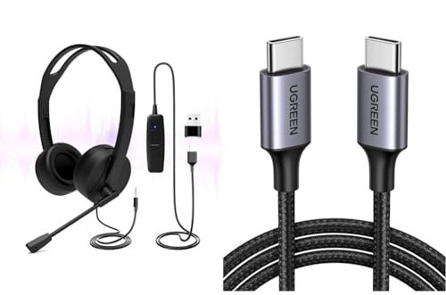 USB Headset with Microphone, 3.5mm/USB Jack 2-In-1 Computer Headset & UGREEN USB C to USB C Charger Cable 60W USB C Cable Fast Charge Type C to C Data Lead