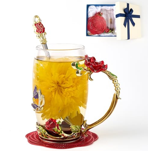 Tasse à thé en verre transparent avec cuillère, coffret cadeau pour sa maman, épouse, grand-mère, filles, amis, Saint-Valentin, Noël, anniversaire, jus de fruits, boissons chaudes et froides