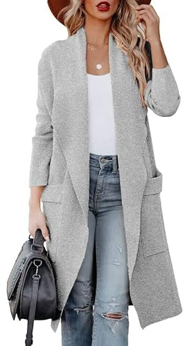 kinstell Cardigan donna casual manica lunga aperto anteriore drappeggiato cardigan lungo giacche maglioni cappotto blazer con tasche, grigio chiaro, M