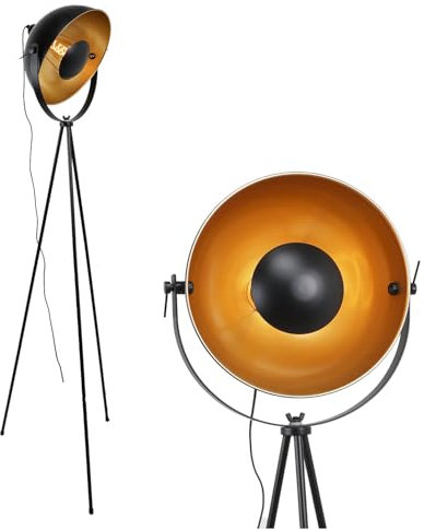 Alpinaluz Lámpara de Pie Trípode - Diseño Moderno, Aluminio Negro, Cabezal Giratorio, Pantalla Parabólica Dorada, Casquillo E27, Ideal para Salón