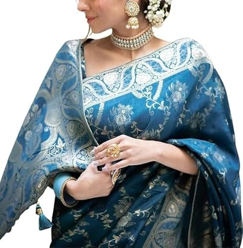 Accessorize Kingdom Women's Pure Banarasi Style Kanjivaram Silk Saree With Blouse Piece For Wedding,Ideal for Weddings, Festive Events, and Traditional Celebrations. (Firozi)