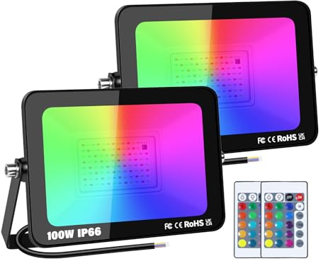 PICAA 2x 100W Projecteur LED RGB Exterieur avec Télécommande, 16 Couleurs 4 Modes RGBW Lumière de Projecteur, Spot Led pour Fête, Jardins, Patios