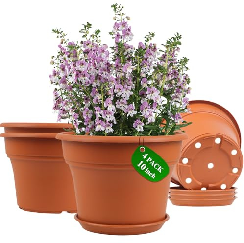 Pottiffe Kunststoff-Blumentopf, für Zimmerpflanzen, 25,4 cm, 4 Stück, großer Pflanztopf für den Außenbereich mit Drainagelöchern und Untersetzern, Kunstharz, dekorative Gartentöpfe