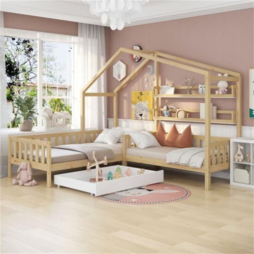 Kinderbett 90x200 cm+140x70cm L-Struktur Hausbett Mit Schubladen Stauraum Und Regalen Jugendbett Massivholz Mit Zaun Und Lattenrost Familienbett Für Kinder Jugendliche Natur