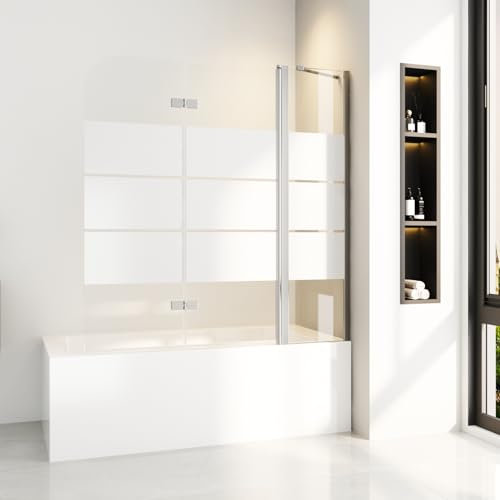 Duschwand für Badewanne 150 x 140 cm mit Stabilisator und Festteil,Badewanne Duschwand 2-teilig Faltbar Duschtrennwand Duschabtrennung,Mit 6mm Nano Glas,Silber mit Gestreift