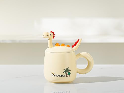 Huiyiwert Divertida taza de café con diseño de dinosaurio en 3D, taza de té dulce con tapa y cuchara, taza de leche de 380 ml, taza de porcelana, regalo para niños, mujeres, niñas, amigos, Navidad,