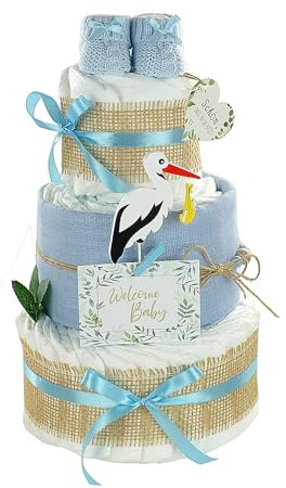 Torta di pannolini di alta qualità con fascio, incl. baby boties e pannolino di garza | 3 piani (blu)