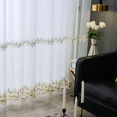 Wycian Outdoor Vorhang Ösenvorhang Creme Beige Voile 2er Pack Raute Bestickt H244 x B137 cm (2er Pack) Polyester