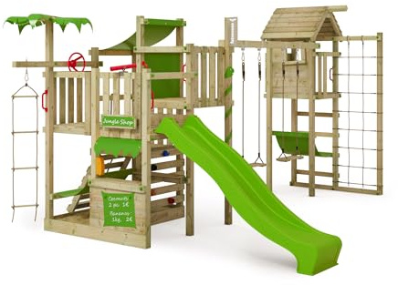 CrazyCoconut Club XXL PlayTower Climbing Frame with Apple Green Slide & Tarpaulin, Outdoor Children's PlayTower with Sandpit, Ladder & Accessories for the Garden