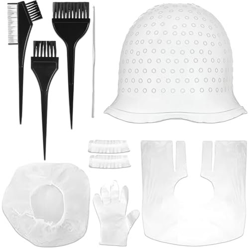 Lot de 9 bonnets à mèches avec crochet, pinceau de coloration, gants pour femmes et filles