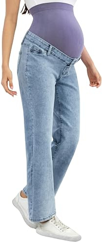 OVRUNS Umstandsjeans mit geradem Bein, Denim, Umstandshose, dehnbar über dem Bauch, Schwangerschaftsjeans für Damen, Hell, blau, X-Groß