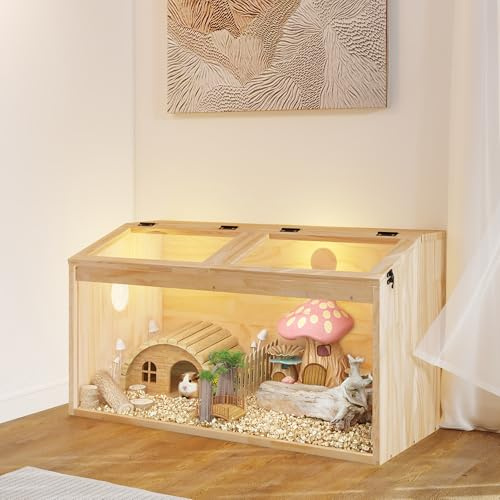 LeFluffy Hamster Cage for Syrian Hamsters, Wooden Large Hamster Cage, Transparent Small Animals Cage with Acrylic Window and Openable Top for Chinchilla (80 x 41 x 40 cm) (Transparent on one side)