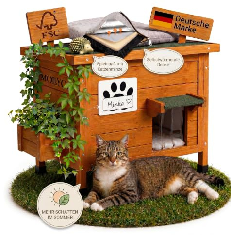 Katzenhaus Outdoor wetterfest aus Holz, winterfeste Katzenhütte für draußen | Mit Namensschild, Pflanzkasten, selbstheizendem Kissen & Katzenminze-Spielzeug, für Garten, Terrasse oder Balkon