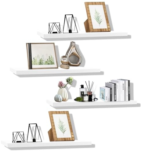 LDXDRU 4er-Set 40x15CM Wandregal Weiß, Regale Weiß Wand, Schweberegal Weiss, Schwebende Regale Holz, Moderne Lagerregale Wandregal Schmal für Wohnzimmer, Schlafzimmer, Bad, Küche Deko