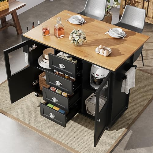 Oslghy Isla De Cocina con Ruedas, Carro de Cocina con Mesa de Comedor Extensible, Mueble Auxiliar de Cocina con Mueble y Mesa, Buffet Cocina con Cajones y Puertas de Cristal, 120x73(45) x93cm (Negro)