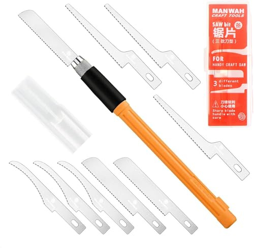 KEWAYO Mini Handsäge Set für Modellbau & DIY, 9 Wechselbare Arten Sägeklinge, Ideal für Holz, Äste, Bastelprojekte & Gartenarbeit, Metallsägeblättern mit Aufbewahrungstasche (9)
