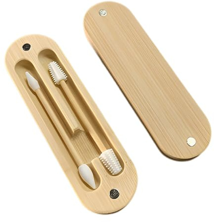 AEKZOX Lot de 2 Coton Tige Réutilisable en Bambou et Silicone avec Embouts Spirale pour Maquillage et Cure Oreille Boite de Rangement Magnétique de Voyage