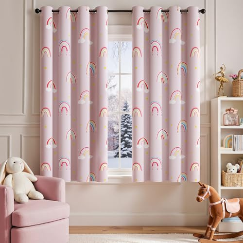 jinchan Nursery Blackout Curtains for Kids Room Rainbow Pink Curtains Cute Girls Bedroom Dorm Playroom Window Treatment Grommet Thermal Insulated Room Darkening 2 Panels 63 Inch Length