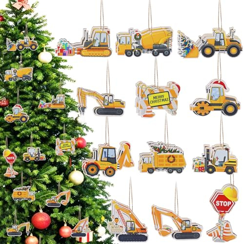 Holz Weihnachtsdeko Anhänger, 24 Stück Bagger Weihnachtsschmuck, Weihnachtsbaum Anhänger, Holz Weihnachtsbaumschmuck für Festivals Weihnachten Partys Innen und Außen