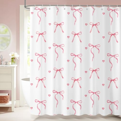 Cortina de Ducha Rosa Lazo 180 x 180 cm, Lindo Rosa Blanco Niña Lazo Elegante Cortina de Baño, Impermeable Antimoho Poliéster con 12 Ganchos