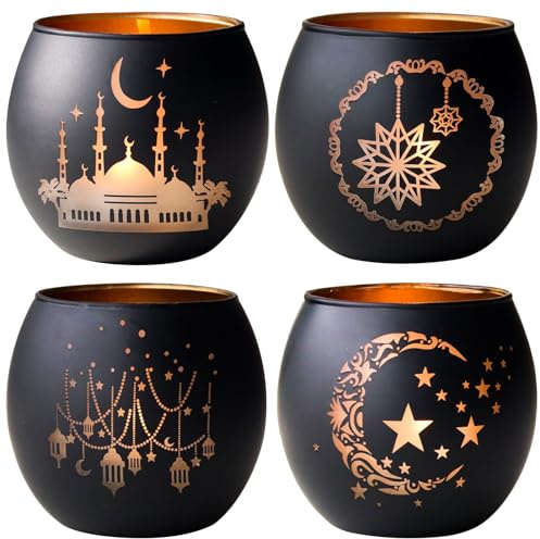 Ramadan Deko für Zuhause, Elegante Schwarze Glas Teelichthalter, Matte Votivkerzenhalter für Ramadan Tischdeko, Eid Mubarak Dekoration, Islamische Geschenke
