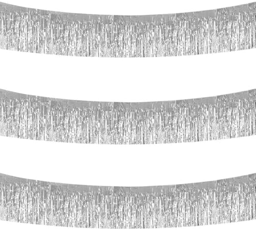 Vyqrx 3 Stück Foil Fringe Girlande Lametta Glitzer Vorhang,Wall Hanging Tinsel Banners für Disco Partydekor Geburtstags Floats Bridal Shower Birthday Verlobung Hochzeit Silver 30cm x 3m (Silber)