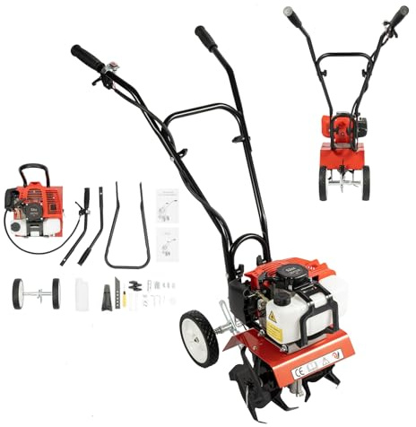 52CC Benzin Gartenfräse Minigrubber, 2-Takt Motorhacke, Mikrogrubber Bodenhacke, Bodenfräse mit Einstellbarer Arbeitstiefe, Garten Kultivator für Rasen Beet Gemüsegarten, Heimwerker Gartenwerkzeug