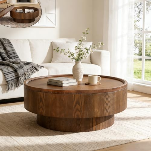 YAOBAO Runder Couchtisch mit Staufach 78 cm Sofatisch Holz für Wohnzimmer