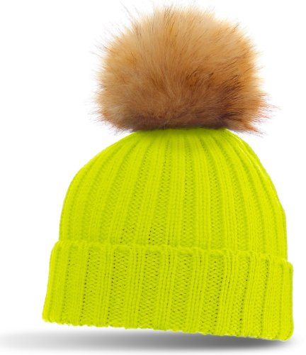 Caspar Damen klassische Winter Mütze/Strickmütze mit großem Fellbommel - viele Farben, Farbe:neon gelb