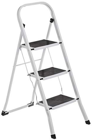 LOLAhome Escalera Varios Peldaños,Plegable Antideslizante,Asa Superior,Sistema de Seguridad,Peldaños y Tapas Antideslizantes,Capacidad 150 kg,Blanca o Negra de Acero (Blanco, 3 Peldaños - 105 cm)