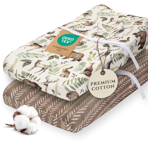 Pobibaby - 2 Pack Premium Changing Pad Cover - Ultra-Soft Cotton Blend, Stylish Woodland Pattern, Safe and Snug for Baby (Wildlife)