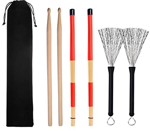 Alnicov Drum Sticks Set, 1 Paar 5A Holz Drum Sticks, 1 Paar Rods Drum Brushes und 1 Paar Retractable Drum Stick Brush mit tragbarer Aufbewahrungstasche für Jazz Acoustic Music Lover Gift