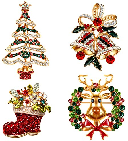 4 Stück Weihnachten Broschen Pins Strass Weihnachtsbaum Hirsch Kranz Anstecker Kristall Revers Emaille Anstecknadeln Abzeichen für Damen Weihnachten Schmuck Geschenk Deko (Eleganter Stil)