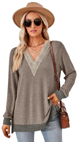 GRMLRPT Blouse à Manches Longues Femme Chic T-Shirts Élégant Col en V Chemisier Casual Tops Mode Couleur Unie Hauts Tunique(Kaki,L)