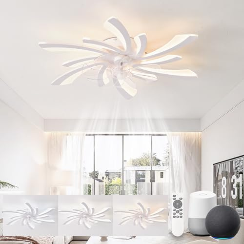 KeLuKes Silent Ceiling Fans with Lights Compatible with Alexa and Google Assistant, 78cm Bedroom Ceiling Fan with Lamp, Dc Motor, Timer Memory Function Reversible Dimmable Ceiling Fan Light, White