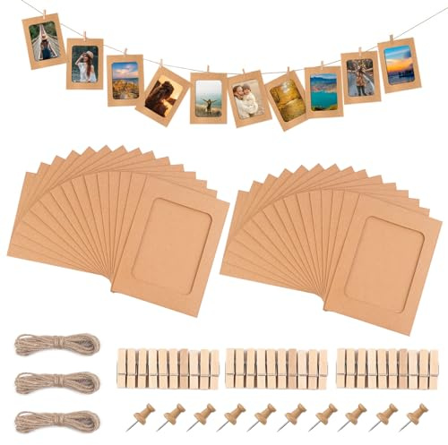 JINTANG 30 Pcs cornici portafoto in cartone,10 x 15 cmcornici di Carta Kraft per Foto DIY,Cornici di Carta,Hanging decorazione della parete,con 30 pz clip e 3 pz corde di canapa set(marrone)