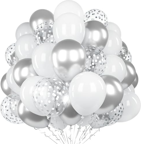 60 Pezzi Palloncini Argento Bianco, 12 Pollici Opaco Bianco Argento Metallizzato Lattice Palloncino con 2 Nastri e Palloncini Coriandoli per Bambini Uomini Donne Compleanno Baby Shower Matrimonio