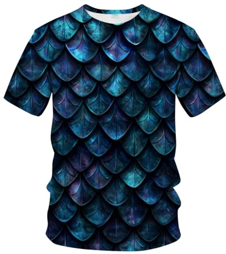 Rebaike Men's Fish Scale T-Shirt - Dragon Scale Gradient Design, Wave Striped Artistic Print,Dark Blue,M