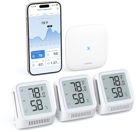 X-Sense WiFi Thermometer Indoor Hygrometer, Digital Temperature Sensor with App Notification Alerts, Temperature Humidity Meter for Room, Data Storage Export at No Charge, 3 Sensors & 1 Base Station