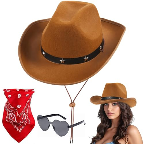 Aomig CowboyHut Damen Herren Fashion Cowboyhüte Cowgrilhut Rockstar Randlose Hippie Herzförmige Brille Halstuch Wilder Westenparty Brillen Geburtstagsfeier Fasching Karneval Kostüm Mottoparty(B-Braun)