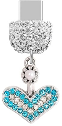 ELISE & FONDA TP1029 Type-C Charging Port Crystal Anti Dust Plug Little Crystal Love Heart Cell Phone Charm for iPhone 15/16/Samsung/OnePlus/Xiaomi/oppo Android Phones (Blue)