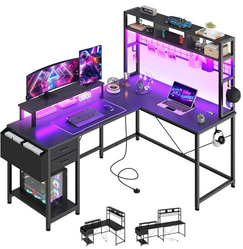YITAHOME 150cm Bureau Table Gaming L LED Prises Tiroir Reversible Noir