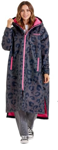 Adults Oversized Changing Robe Outdoor Fleece Jacket Animal Print/Grey Camo | Showerproof & Wind-Resistant Hooded Coat, Long Sleeves with Two-Way Zip - Swimming, Surfing, Camping, Beach