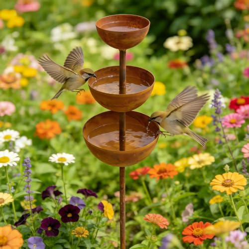 WPPQWP Regenfänger Gartenstecker Rost Metall Insektentränke Deko 68cm Gartendeko für Draußen Edelrost Deko Garten Naturrost Beetstecker Topfstecker mit Erdspieß