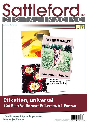 Sattleford Etiketten Papier: 100 Etiketten A4 210x297 mm für Laser/Inkjet (Papier für Drucker, Tintenstrahldrucker, Blatt)