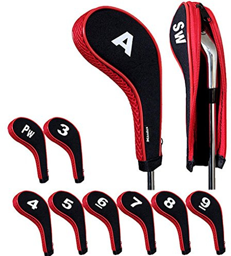 Andux Golf Schlägerkopfhüllen Anzahl Eisen deckt mit Reißverschluss Langen Hals 10teile/Satz Schwarz/Rot