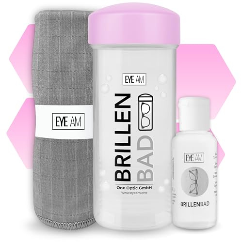 EyeAm Brillenbad Set zur Brillenreinigung, Reiniger & Mikrofasertuch (Pink) | Komplett-Set mit 50 ml Spezialreiniger & Brillenputztuch | Für jede Brille geeignet | Optiker-Qualität