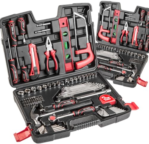 TOP TOOLS Werkzeugset 100-teilig mit Steckschlüsseln 3/8 Ratsche | Ringschlüsseln Schraubendrehern Zange Hammer Metallsäge, Zubehör im robusten Werkzeugkoffer
