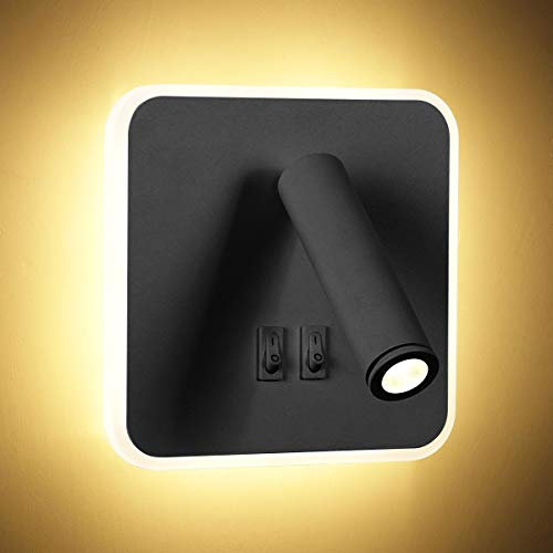 KAWELL 8W Moderno Aplique de Pared LED Luz de Lectura de Pared Giratoria de 350° 3W Focos de Pared LED con Interruptor para Dormitorio Salón Cabecera Sala de Estudio, Negro 3000K