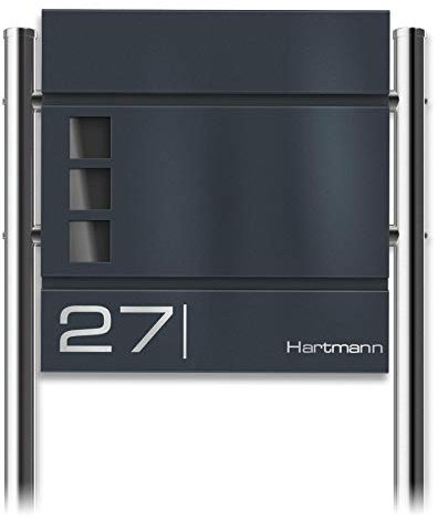 Metzler Standbriefkasten Cube in RAL 7016 Anthrazitgrau - Name & Hausnummer als Lasergravur - Design Briefkasten mit Zeitungsfach, Sichtfenster & Ständer - Größe: 37 x 37 x 10,5 cm - Höhe 120 cm